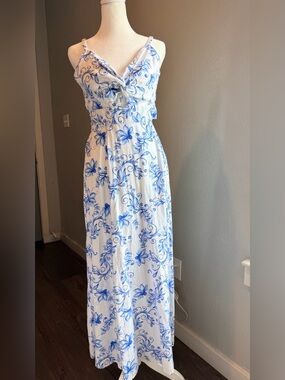 1.STATE Blue Floral Maxi Dress Smocked Back Tie Bow Summer Vacation Size XS EUC
